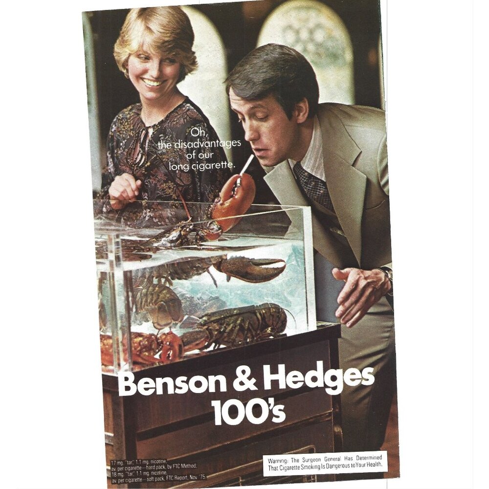 Benson & Hedges 100 Cigarette Ad Lobster 1970s Vintage Print Ad 9 inch Tall